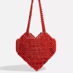 Isaac Mizrahi Red Beaded Love Heart Shoulder Bag Tote
